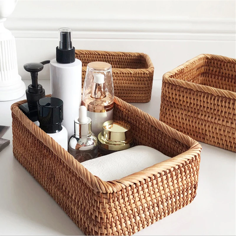 

Плетеная вручную прямоугольная искусственная коробка для хранения фруктов, чая, косметики для пикника, кухонные принадлежности, бытовые ин...