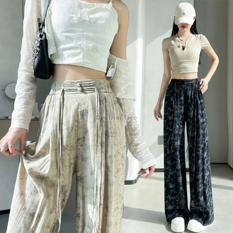 Женские брюки в китайском стиле свободные с широкими штанинами и чернильным