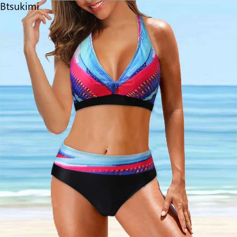 

New 2023 Summer Women Sexy Bikini Set High Waist Push Up Floral Print Swimwear Female Beach Halter Backless Two Pieces Swimsuit