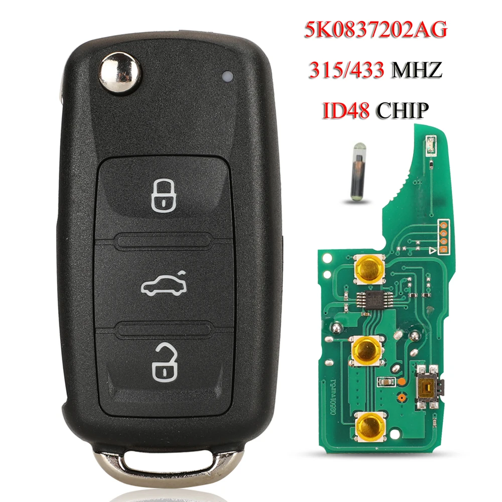 jingyuqin 5K0837202 AG/AF/B/BK/C/DT/S/K Remote Car Key For VW Scirocco Beetle Golf Jetta Polo Tiguan Passat 315/433Mhz ID48 Chip