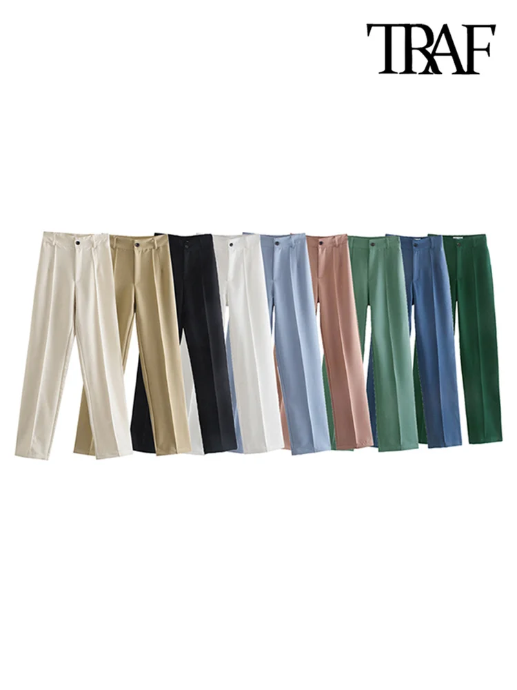 

Women Chic Fashion Office Wear Straight Pants Vintage High Waist Zipper Fly Female Trousers Mujer