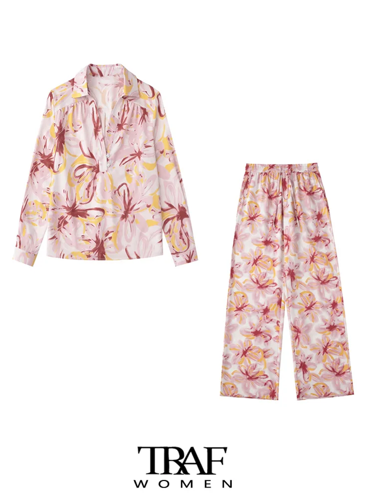 

TRAF Women Fashion Tropical Print Loose Shirts And High Elastic Waist Drawing Female Two Piece Sets Mujer
