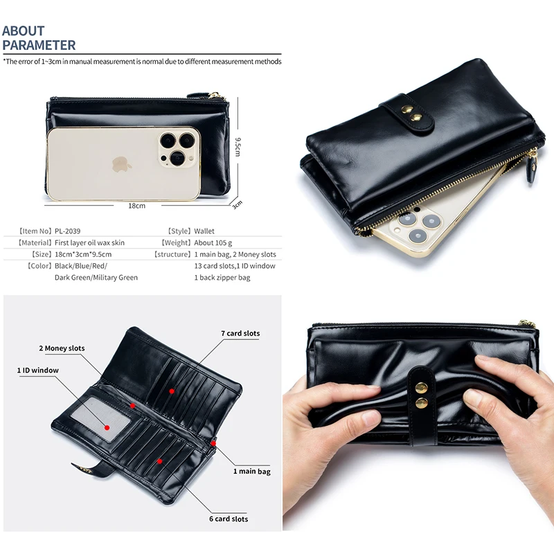 2023 Hot Sale Oil Wax Leather Women Wallet Long Multi-Card Holder Large Capacity Clutch Wallet for Women Zip Mobile Phone Purse