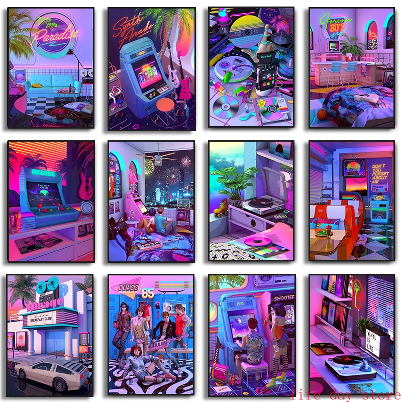 Neon Synthwave 80s Arcade Zone Dream Posters Vinyl Records Canvas Painting Game Playroom Wall Art Cafe Club Room Home Decoration