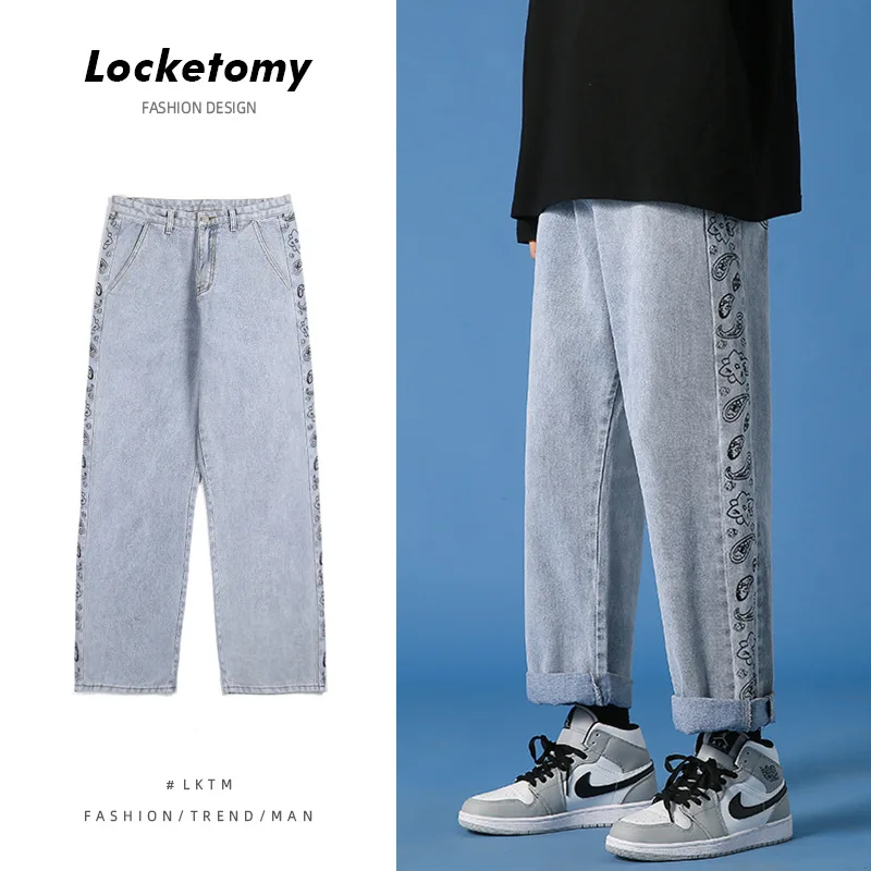 Men's Jeans New Fashion Cashew Flower Jeans Hong Kong Wind Trend Stitching Wide-leg Straight-leg Pants Streetwear Мужские джинсы