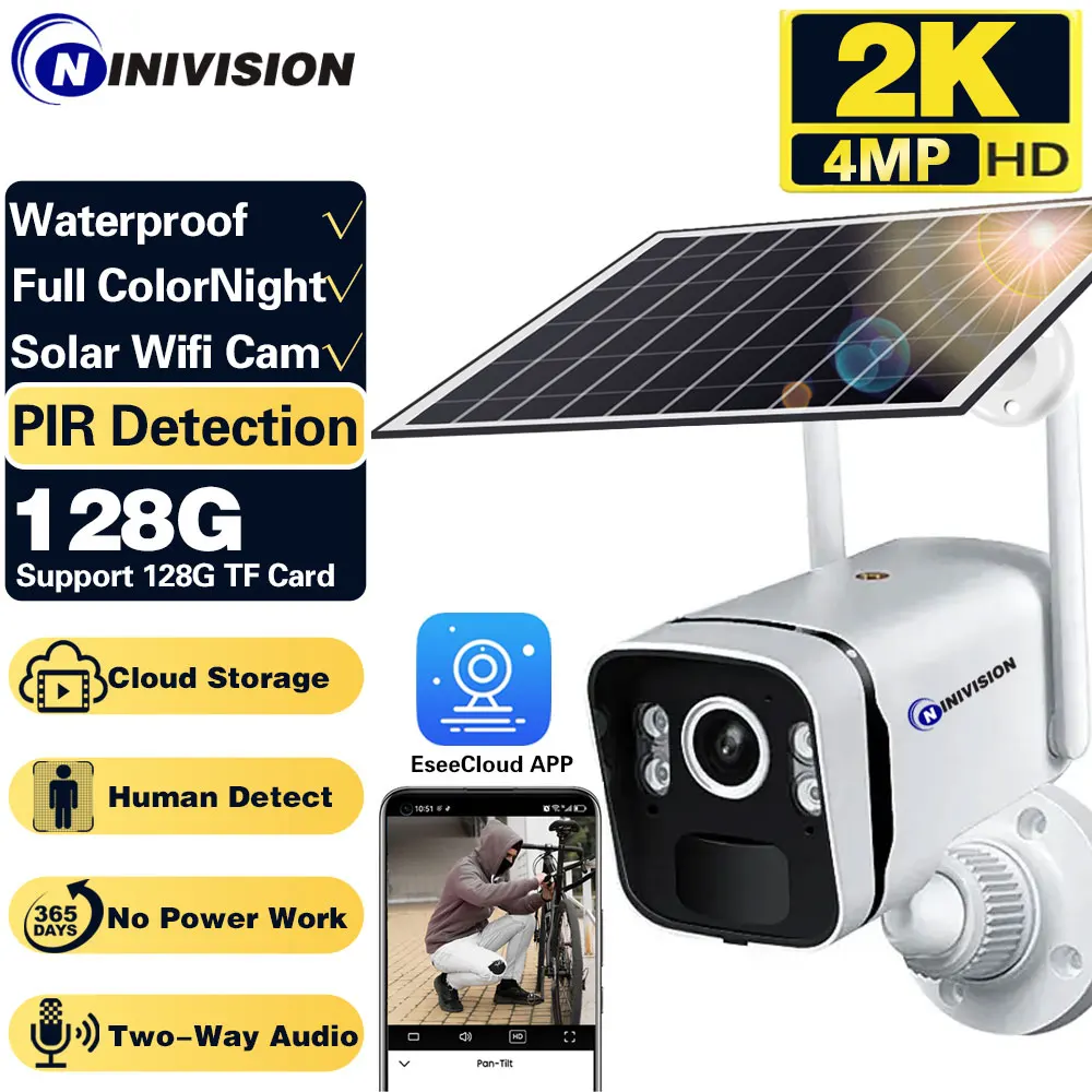 

Высококачественная цилиндрическая камера видеонаблюдения с солнечной батареей 4 МП, с двухсторонним аудио и низким энергопотреблением, уличная камера видеонаблюдения с Wi-Fi, солнечные камеры