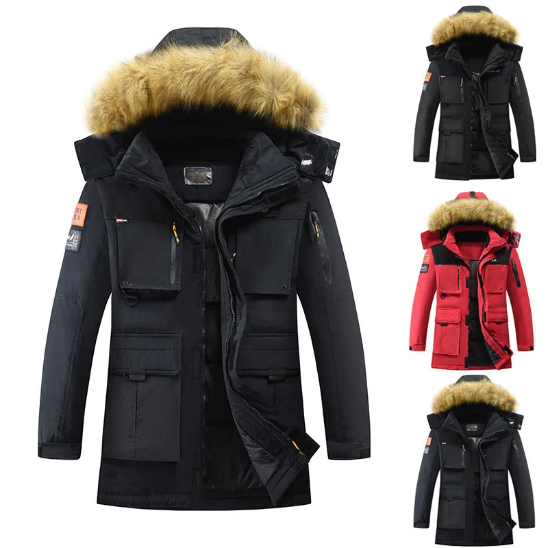 

Winter Jacket Men Padded Parka Russia Man Thick Winter Coat Hooded Fur Collar Big Pockets Medium-long Thick Parkas Snowjacket