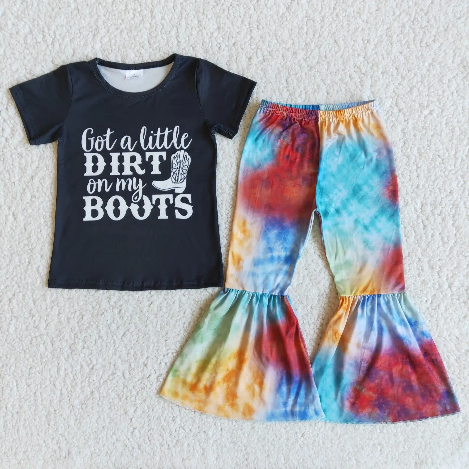 

RTS Toddler Girl DIRT BOOTS Black Short Sleeve Top tie dye Baby Bell Pants Boutique Sets Children Wear