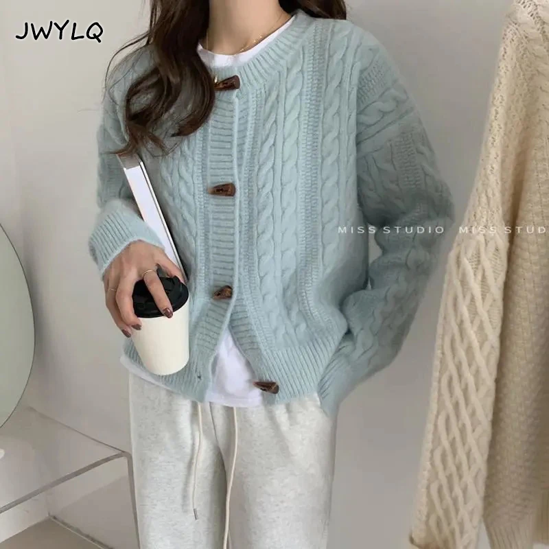 

Horn Buckle Twist Sweater Women Cardigan Autumn Winter Solid Color Thicken Warm Knit Crop Outerwear Casual Loose Long Sleeve Top