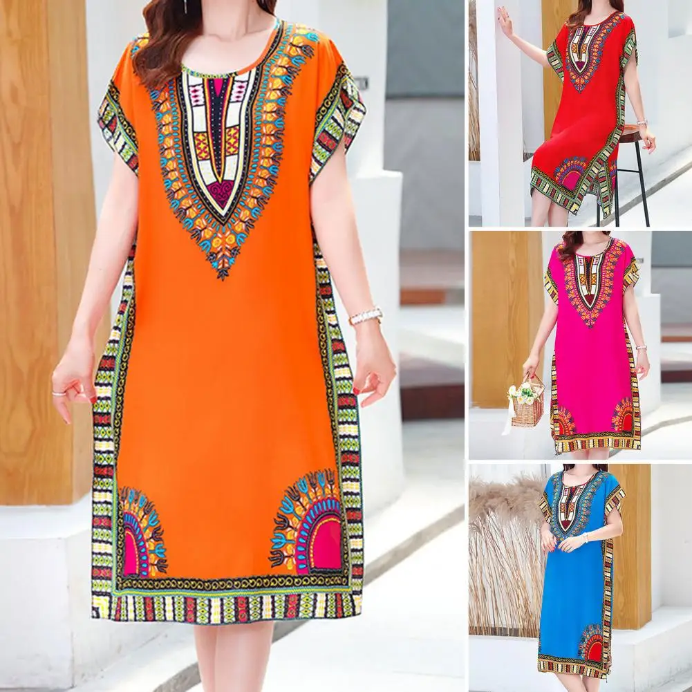 

Stylish Beach Dress Print Soft Women Dress Crew Neck Split Summer Dress