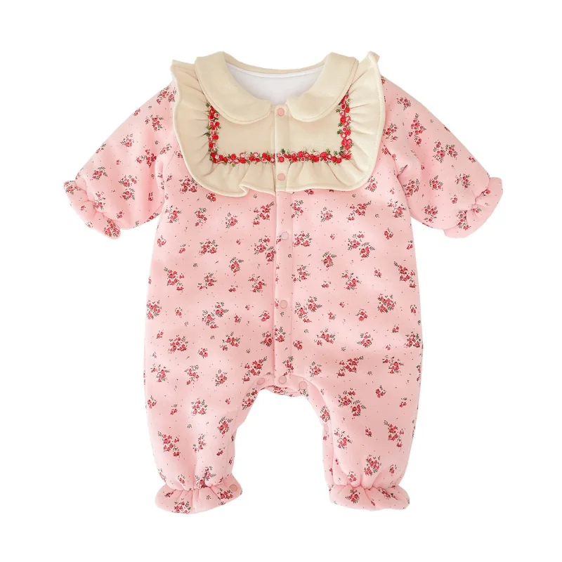 Baby Girl Romper New Born Baby Items Baby Girl Clothes for Winter Cotton Floral Fleece Warm Single Breasted Newborn Baby Clothes