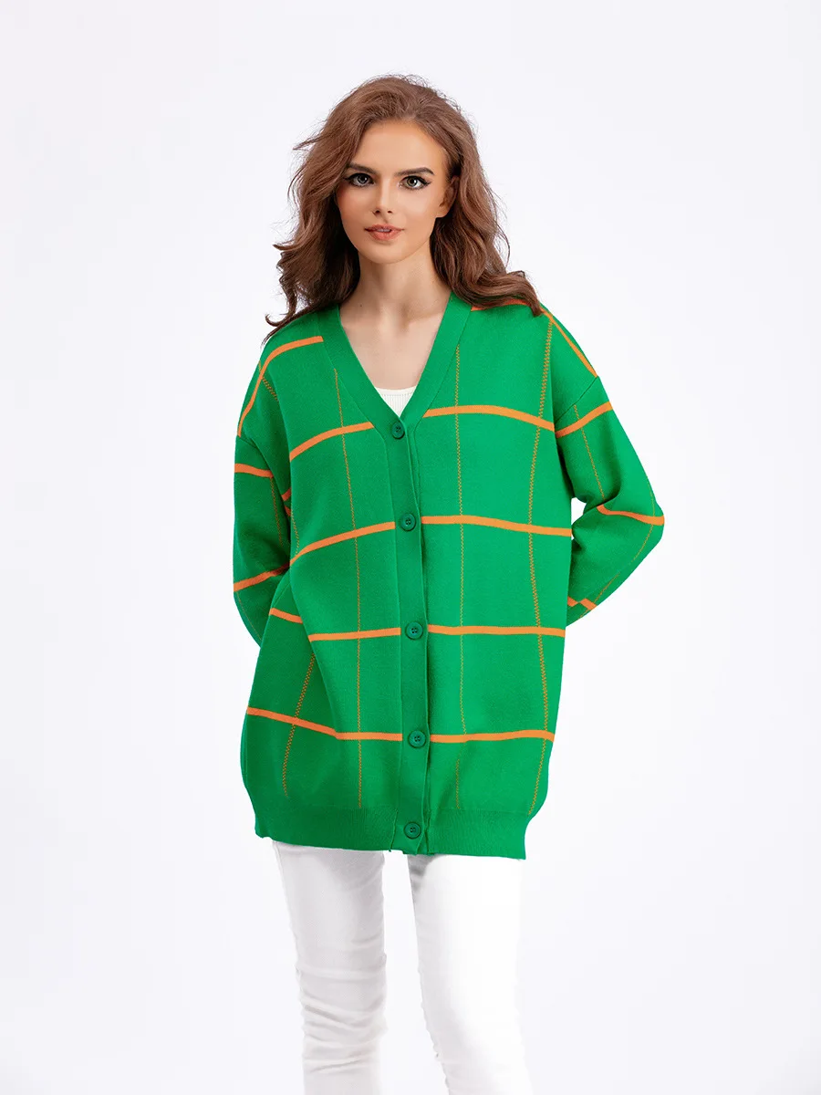 

Женский кардиган в клетку RDMQ, винтажный свитер контрастных цветов на осень и зиму, корейские модные свободные толстые свитера с V-образным вырезом, 2023