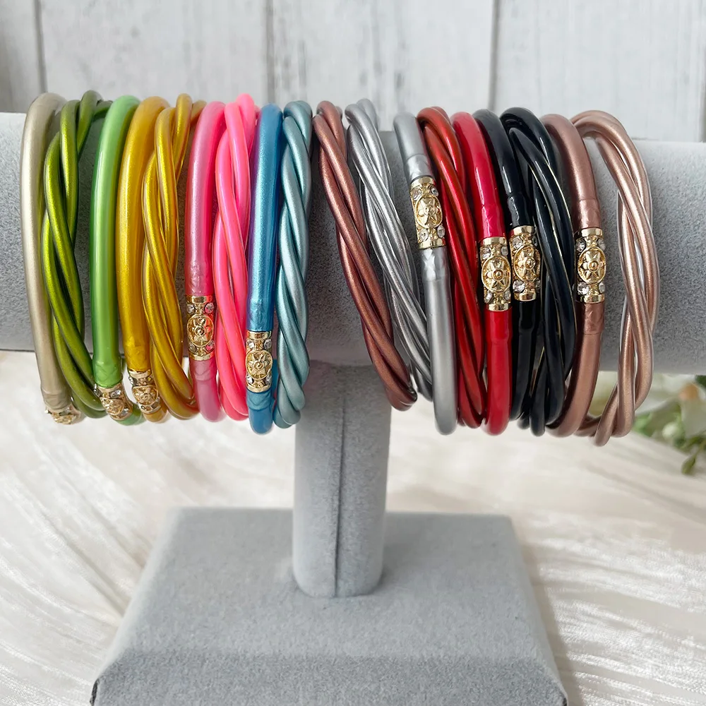 

2023 New Colorful Glitter Filled Jelly Silicone Bangle Set For Women Handmade Twisted Buddhist Rush Bracelet Jewelry Gift 2PCS