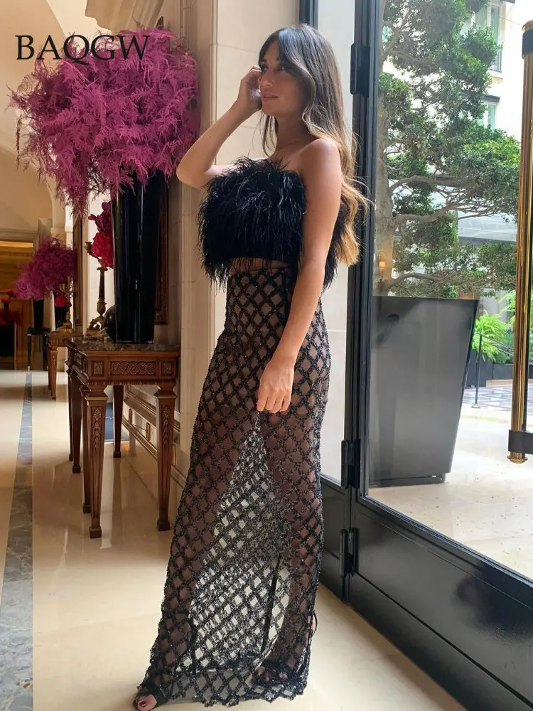 Женский комплект из двух предметов укороченный топ с перьями пикантный