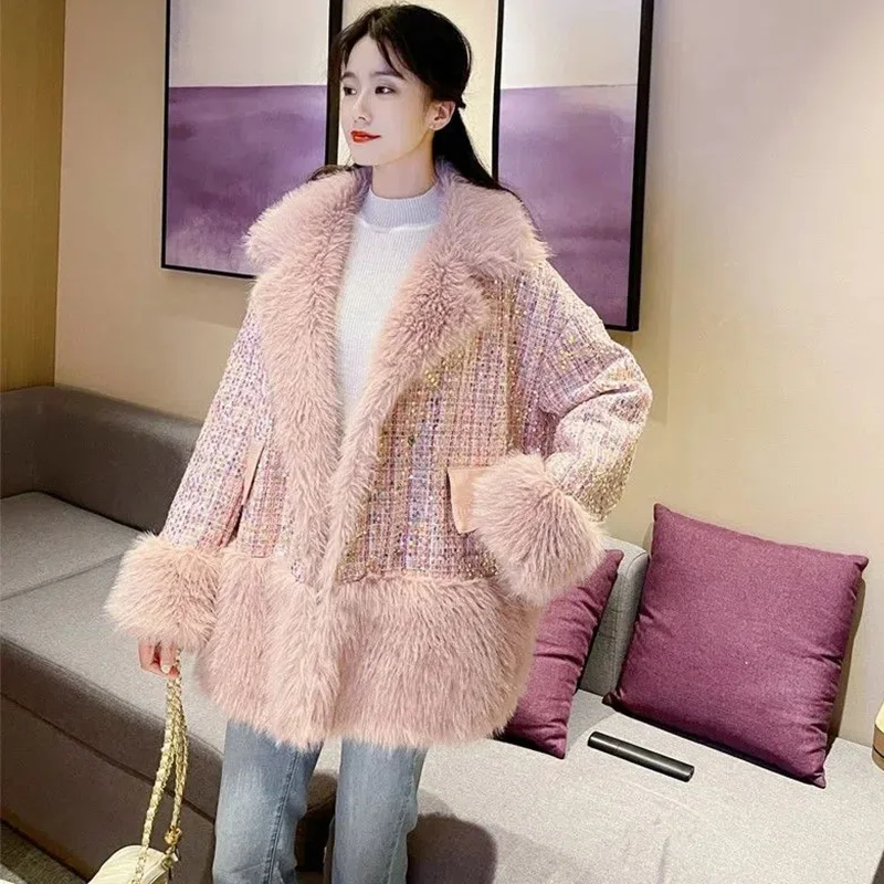 Fur Coat Women's 2022 Autumn Winter New Long Warm Thick Pink Fashion Shiny Loose Imitation Fur Plush Temperament Coats Female