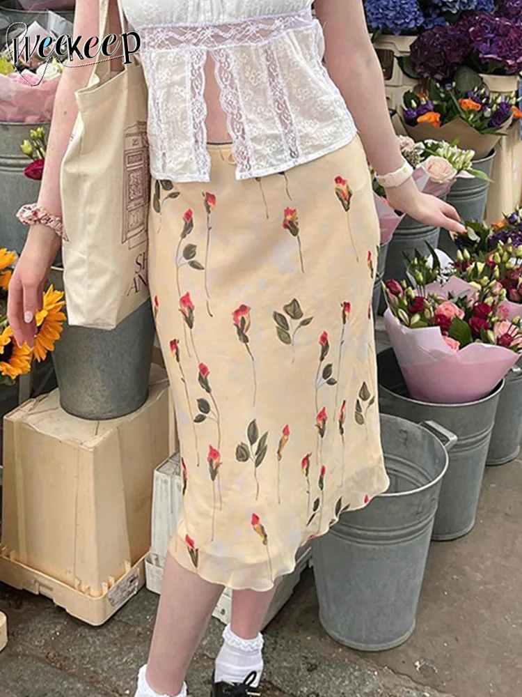

Weekeep/Милая юбка миди с цветочным принтом и оборками; Двухслойная сетчатая Лоскутная длинная юбка; Женская винтажная повседневная одежда; Ул...