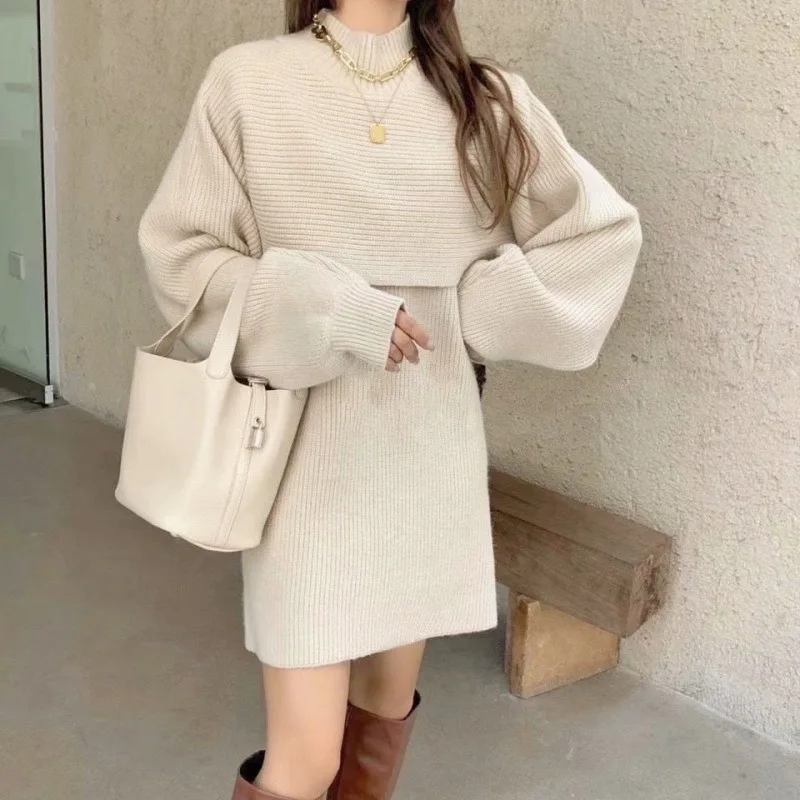 

Spring Autumn 2022 New Lantern Sleeve Half Turtleneck Pullover Sweater Women Twinset Knitwear for Women Knitted Top and Dress