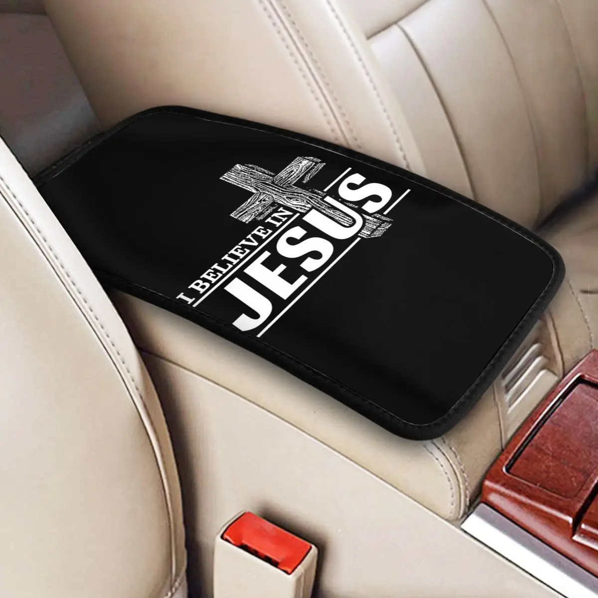 

I Believe In Jesus Christ Car Armrest Cover Fashion Cristianity Faith Center Console Pad Car Interior Cushion Storage Box Mat
