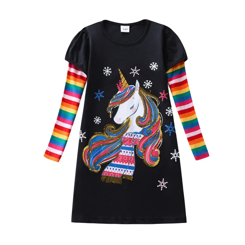 

Jumping Meters New Arrival Long Sleeve Princess Girls Dresses Unicorn Beading Baby Cotton Clothes Pockets Costume Kids Frocks