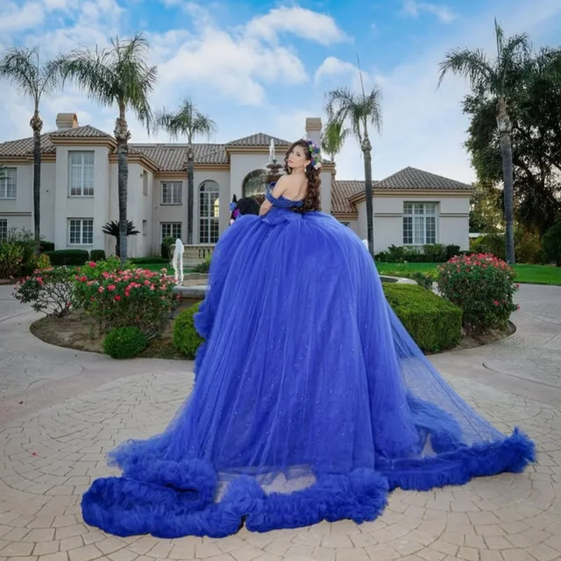 Фото Блестящее королевское синее платье Quinceanera с открытыми плечами, кружевная многослойная цветочная наклейка, длинный хвост, платья de 15, Quinceanera ﻿ Настроить №3