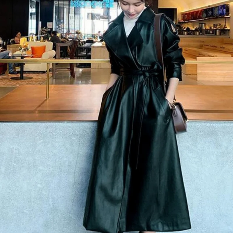Autumn Spring Black Oversized Long Waterproof Leather Trench Coat for Women 2023 Long Sleeve Loose Korean Fashion Clothing