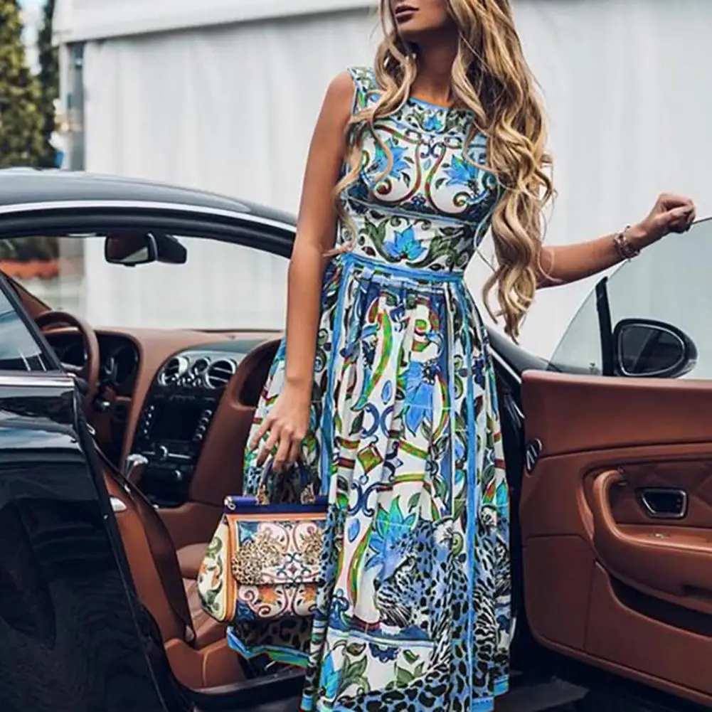 

Women Dress Women Retro Bohemian Print O Neck Sleeveless Dress Vintage Mid-Calf A-Line Large Hem Dress Streetwear robe femme