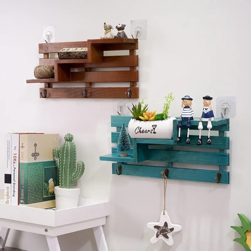 

1 Pcs Creative Wood Wall Storage Without Punching Shelf Decorations Hanging Door Key Hook At The Entrance Rack