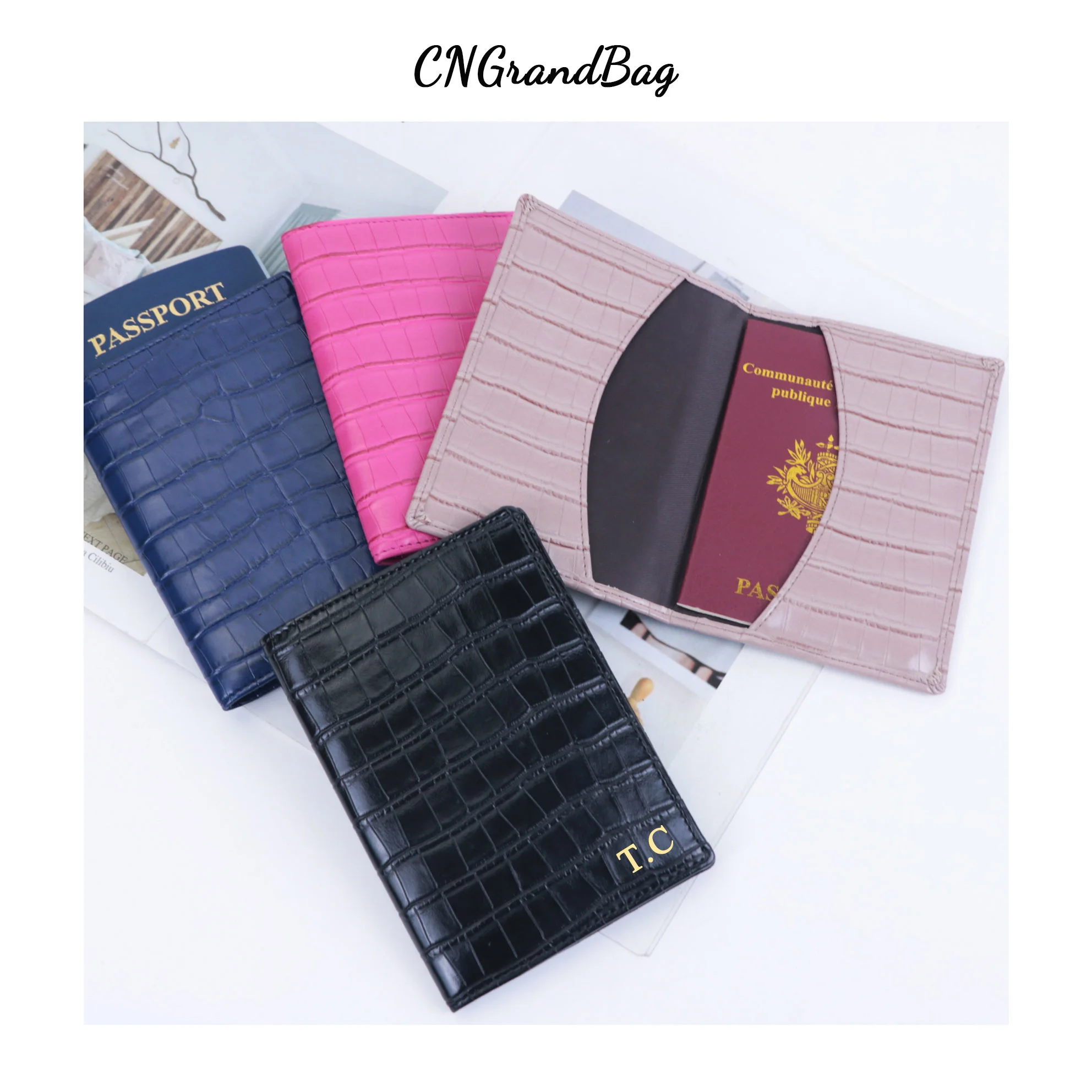 Free Custom Letters Embossed Crocodile Leather Passport Holder Cover Travel Passport Wallet