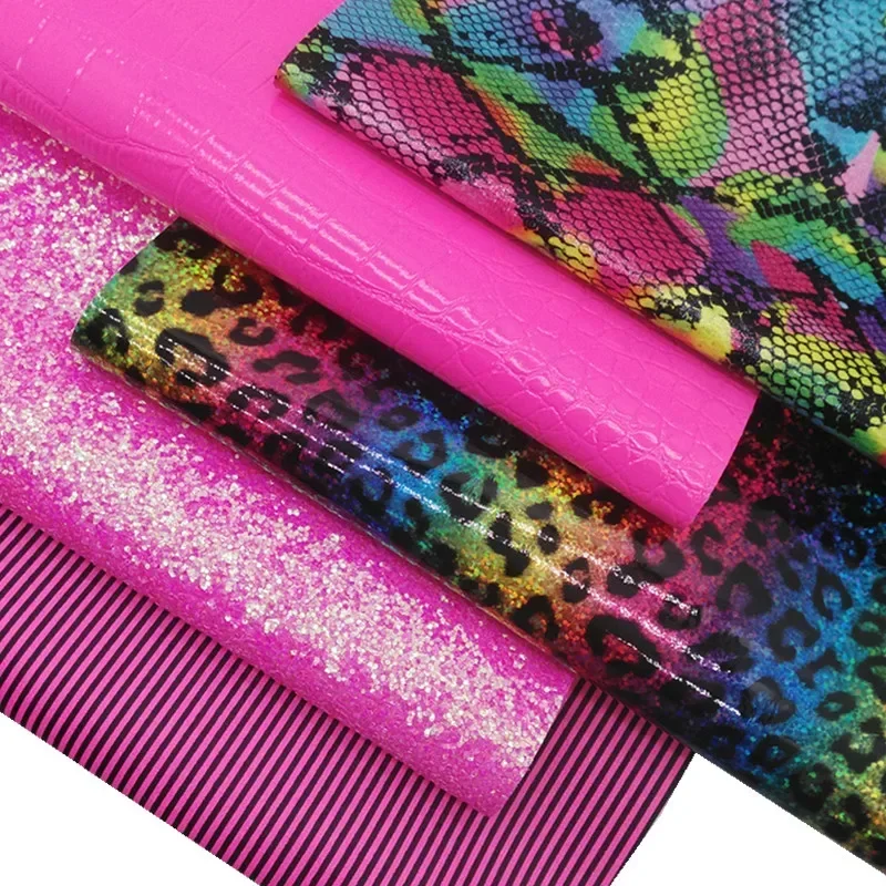 Розовые блестящие кожаные листы радужная змея леопард синтетическая кожа полосы
