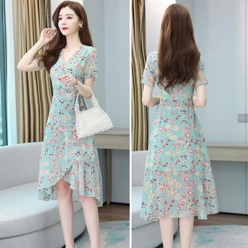 Versatile Breathable Women Flower Pattern A-Line Midi Dress Female Clothing