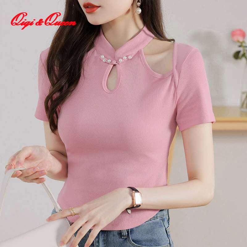 

Qiqi&queen Women Basic Design Sense Modified Cheongsam Short Sleeve Vintage Blouses Loose Work Casual Tees Elegant Summer Tops