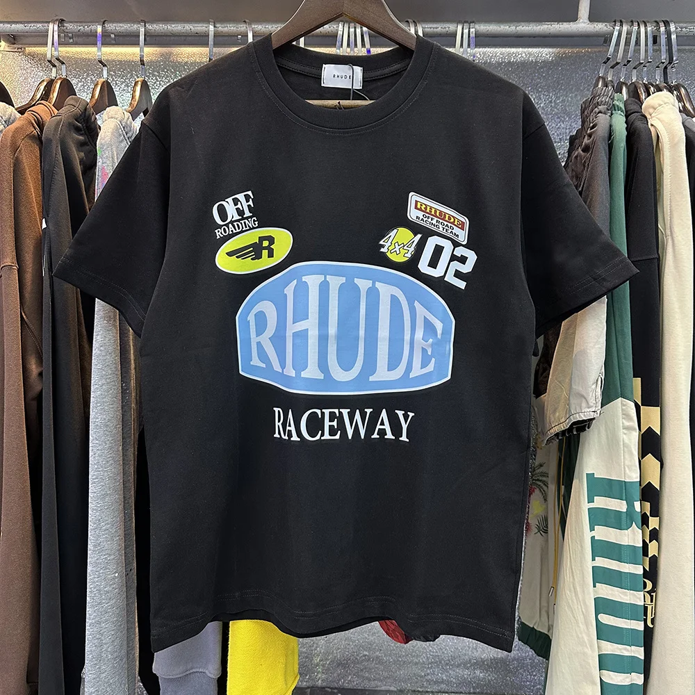 

RHUDE New Raceway Style Black White Apricot Letters logo Print T Shirt Men Fashion Oversized Loose Hip Hop Couple Tee streetwear