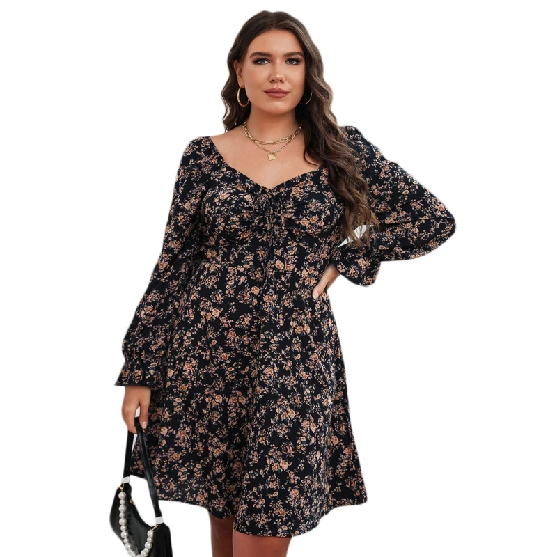 

Платье женское вечернее с длинным рукавом, V-образным вырезом и цветочным принтом