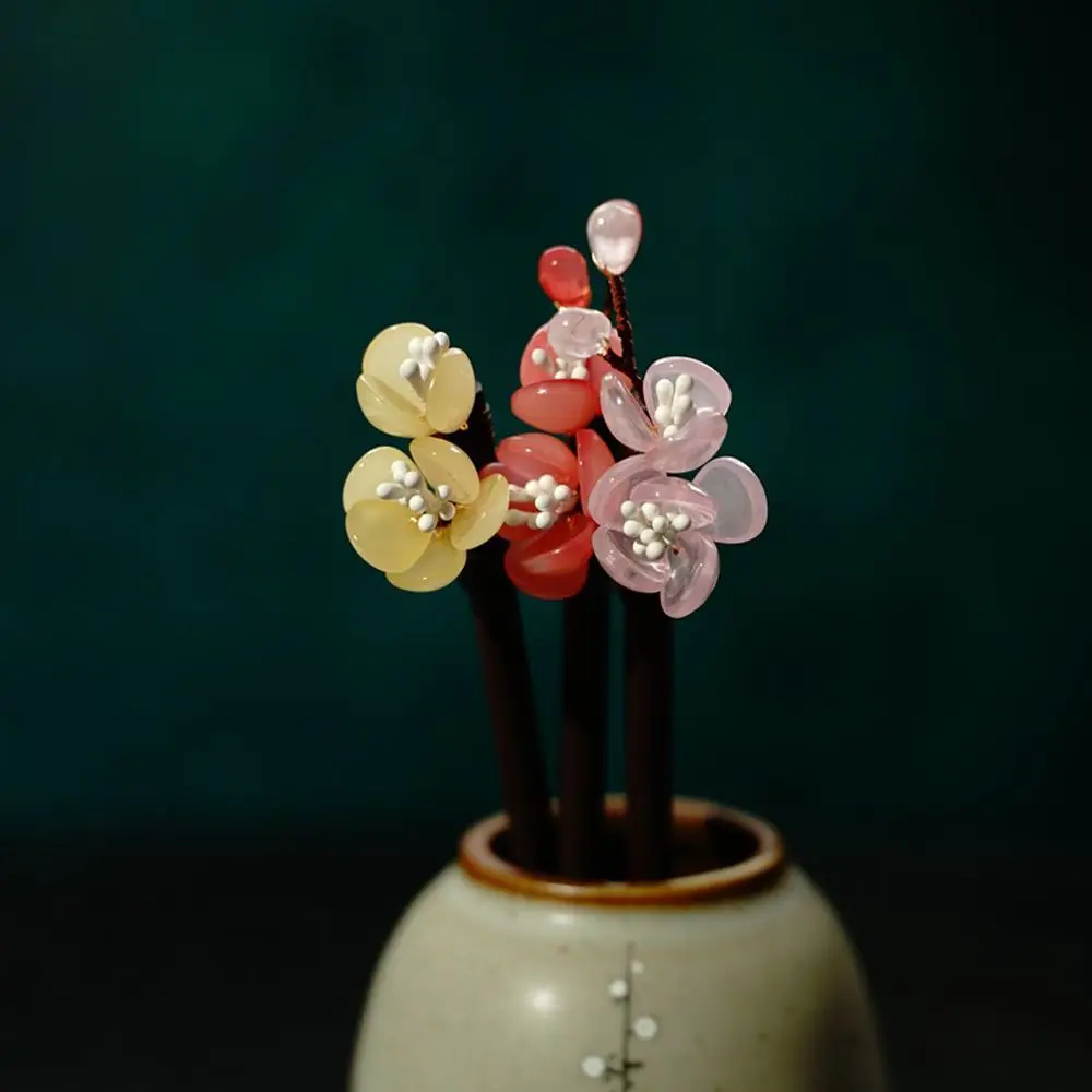 

Hanfu Dress Hair Clips Glass 1 Pc Flower Hair Sticks Hairpin Hair Fork Wooden