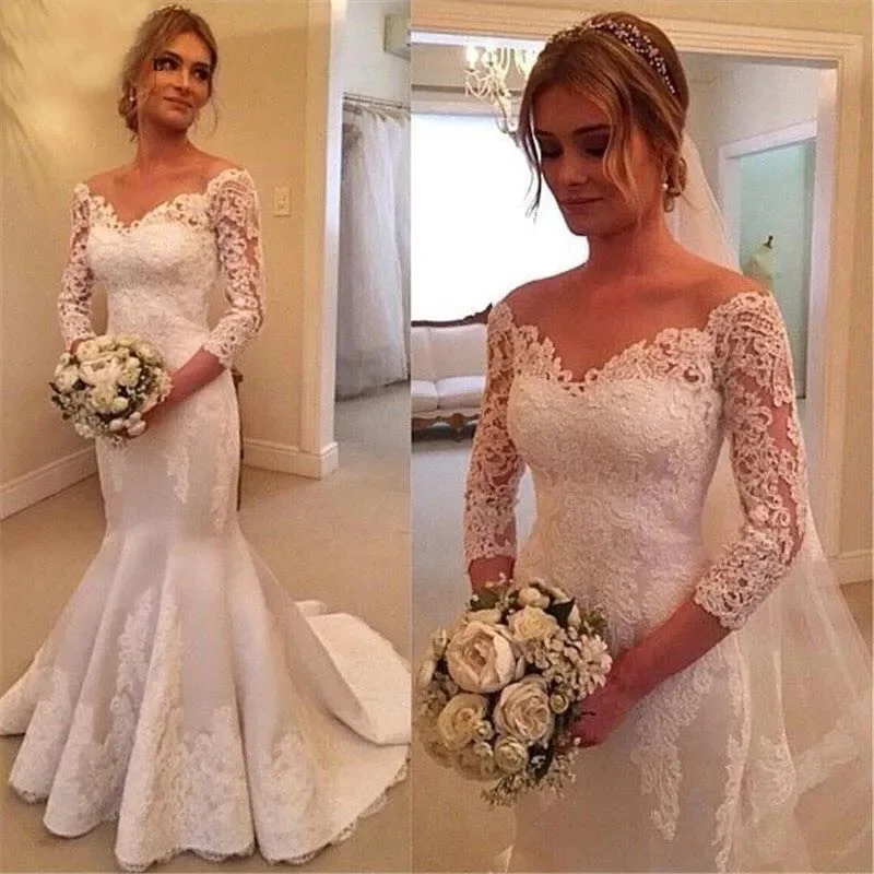

V Neck Long Sleeves Mermaid Wedding Dresses Beading Lace Appliques Gown Custom Vestido De Noiva 100% Real Pictures