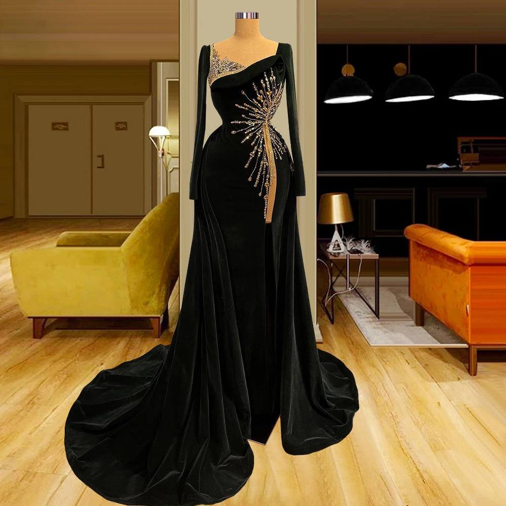 

Длинное бархатное вечернее платье с бисером, со шлейфом