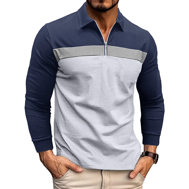 

Classic Patchwork Zipper Lapel Men Polo Shirt Autumn Long Sleeve Loose Casual Shirt Top Men's Polo Collar Pullover Man Clothing