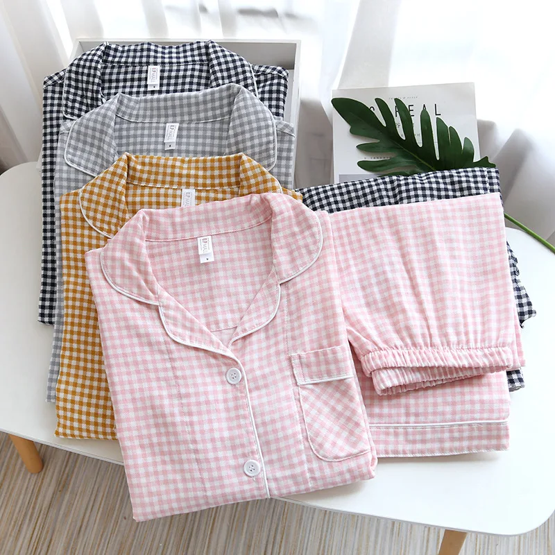 Japanese new couple pajamas, long-sleeved trousers, two-piece 100% cotton gauze simple plaid home service suit for men and women
