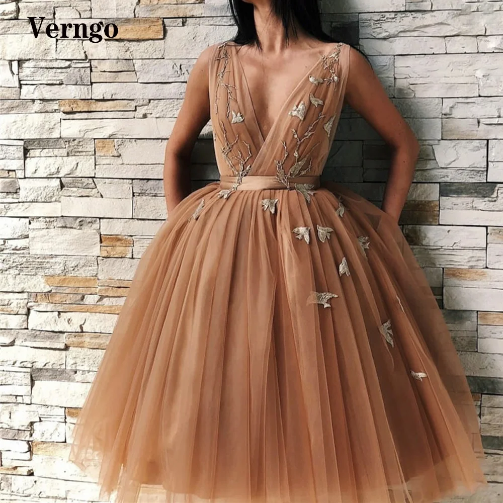 

Бальное платье Verngo цвета шампанского, тюлевые короткие платья для выпускного вечера с V-образным вырезом и вышивкой, пышная юбка до колена, вечерние платья