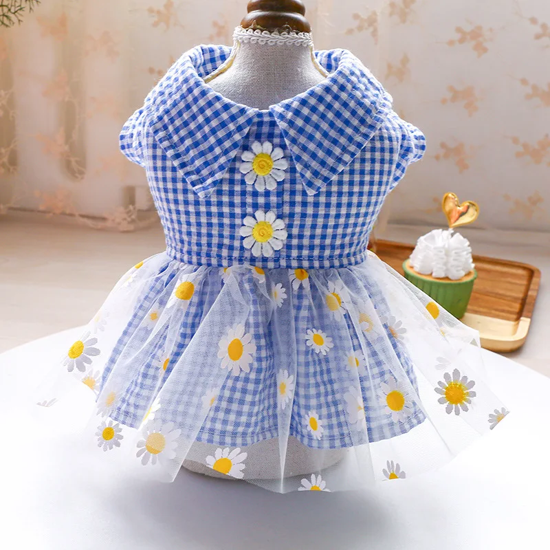 

Lace Dog Clothes Cat Dress Plaid Spring Summer Daisy Pet Clothing For Small Dogs Yorkshire Cats Princess Skirts Dogs Costumes