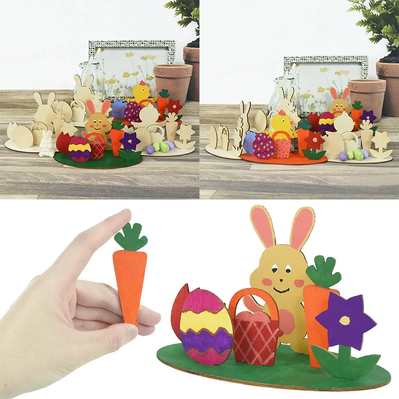 

Easter Painting Kit Egg Bunny Wood Chips Unfinished Graffiti Drawing DIY Wooden Craft Ornament Desktop Decoration