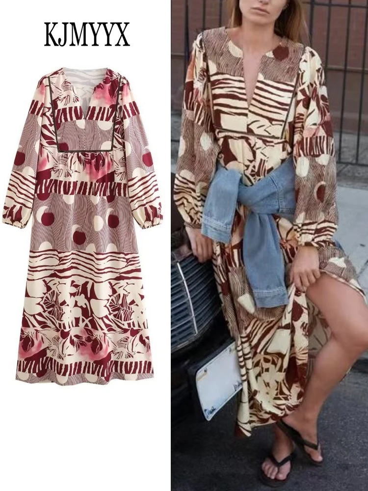 

KJMYYX Summer Women Fashion Print Midi Dresses 2023 New Female Vintage V-Neck Long Sleeve Party Dress Lady Casual Street Outfits