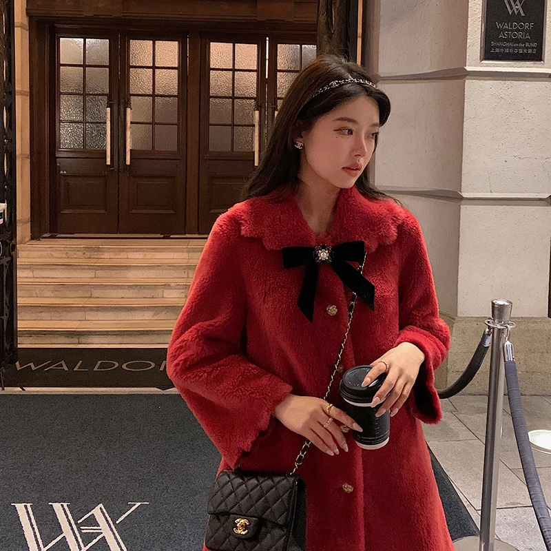 Luxury Imported Lamb Wool Fur Coat Women's Winter Petal Collar Mid-Length Young Ladies Long Sleeve Real Fur Jackets for Woman