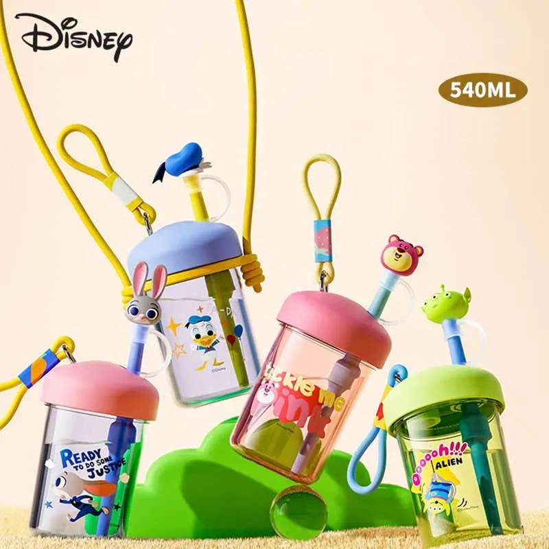 

540Ml Toy Story Cartoon Judy Losto Drinking Water Straw Bottle with Shoulder Strap Kawaii Mickey Outdoor Sports Kids Water Cup