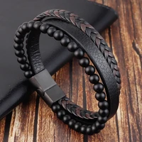 new trend mens bracelet frosted beads black leather bracelet hip hop rock cool handsome jewelry gift