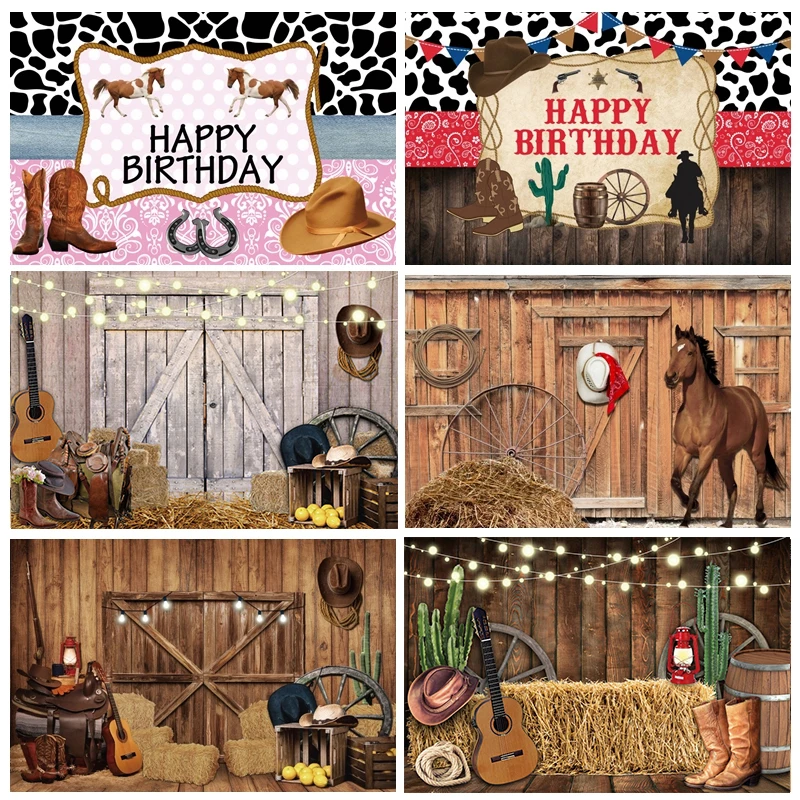 

West Cowboy Baby Birthday Backdrop Farm Saloon Barn Horse USA Vintage Party Decor Photography Background Kid Photo Studio Props
