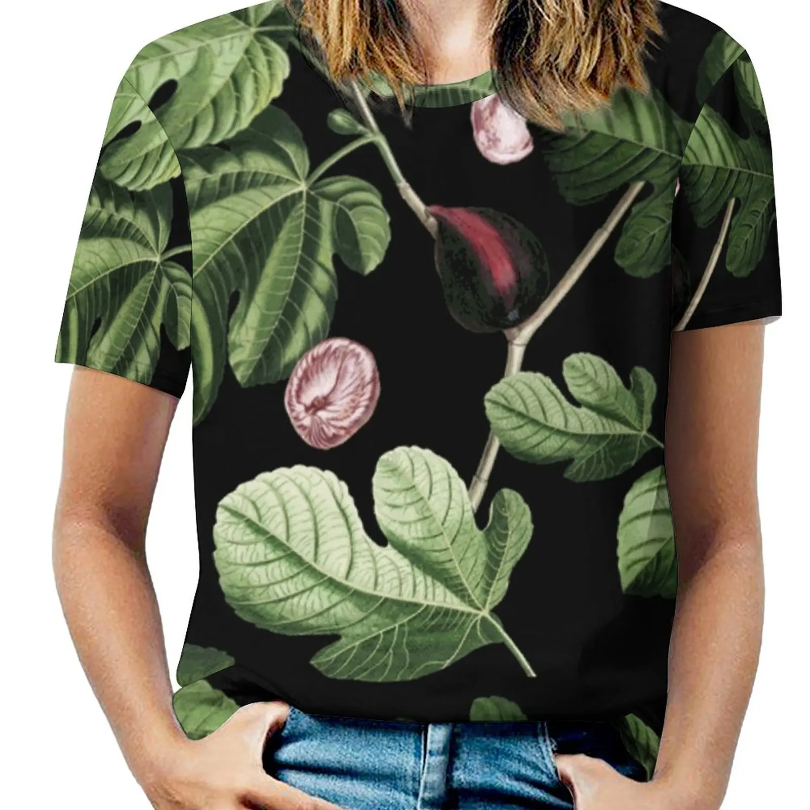 

Figs Women T-Shirt Crewneck Casual Short Sleeve Tops Summer Tees Fig Fruit Black Green Nature Exotic Tropical Jungle Summer