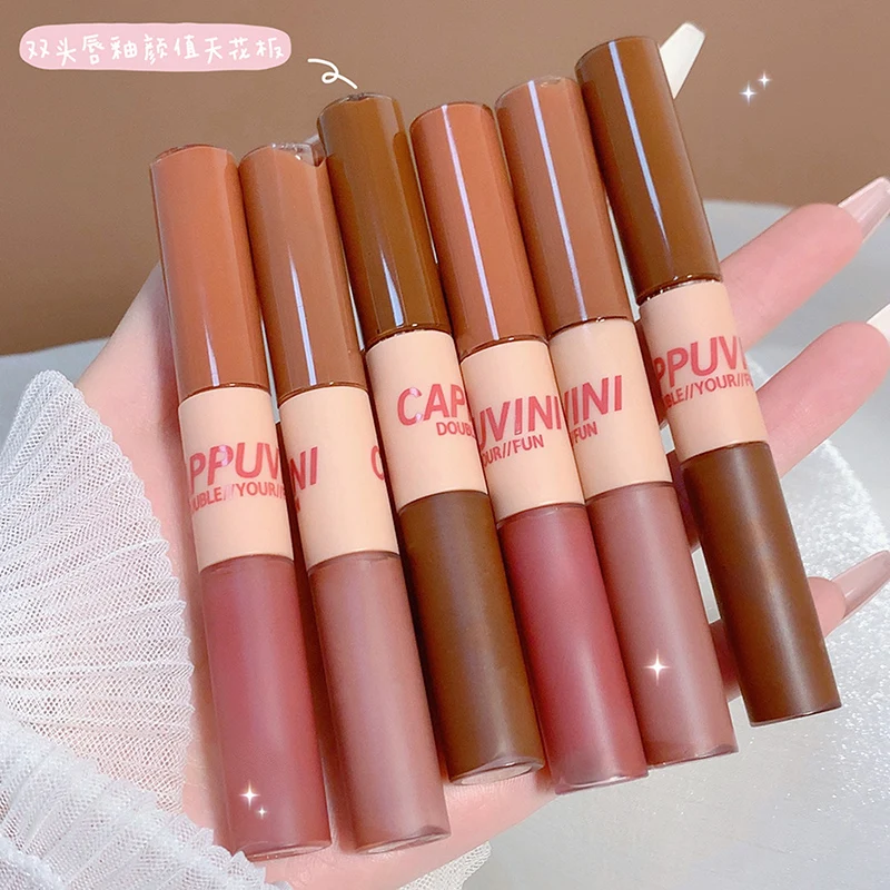 

New Double-Headed Two Effect Lip Glaze Water Mirror Surface Glossy & Matte Non-Stick Liquid Lip Mud Tint Makeup