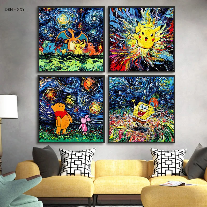 

Van Gogh's Cartoon Anime Canvas Painting Starry Night Pokemon Pikachu Posters Abstract Wall Art Pictures for Home Kid Room Decor