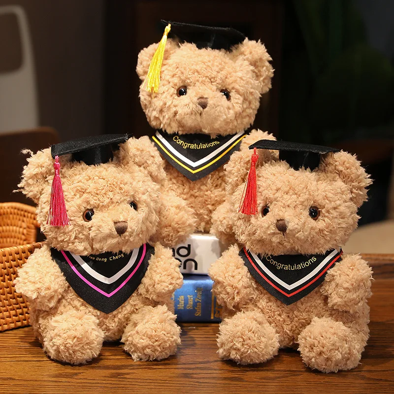 

New 23cm Cute Curly Teddy Bear Plush Toys Kawaii Bear with Doctoral Uniform Stuffed Soft Dolls for Children Graduation Gifts